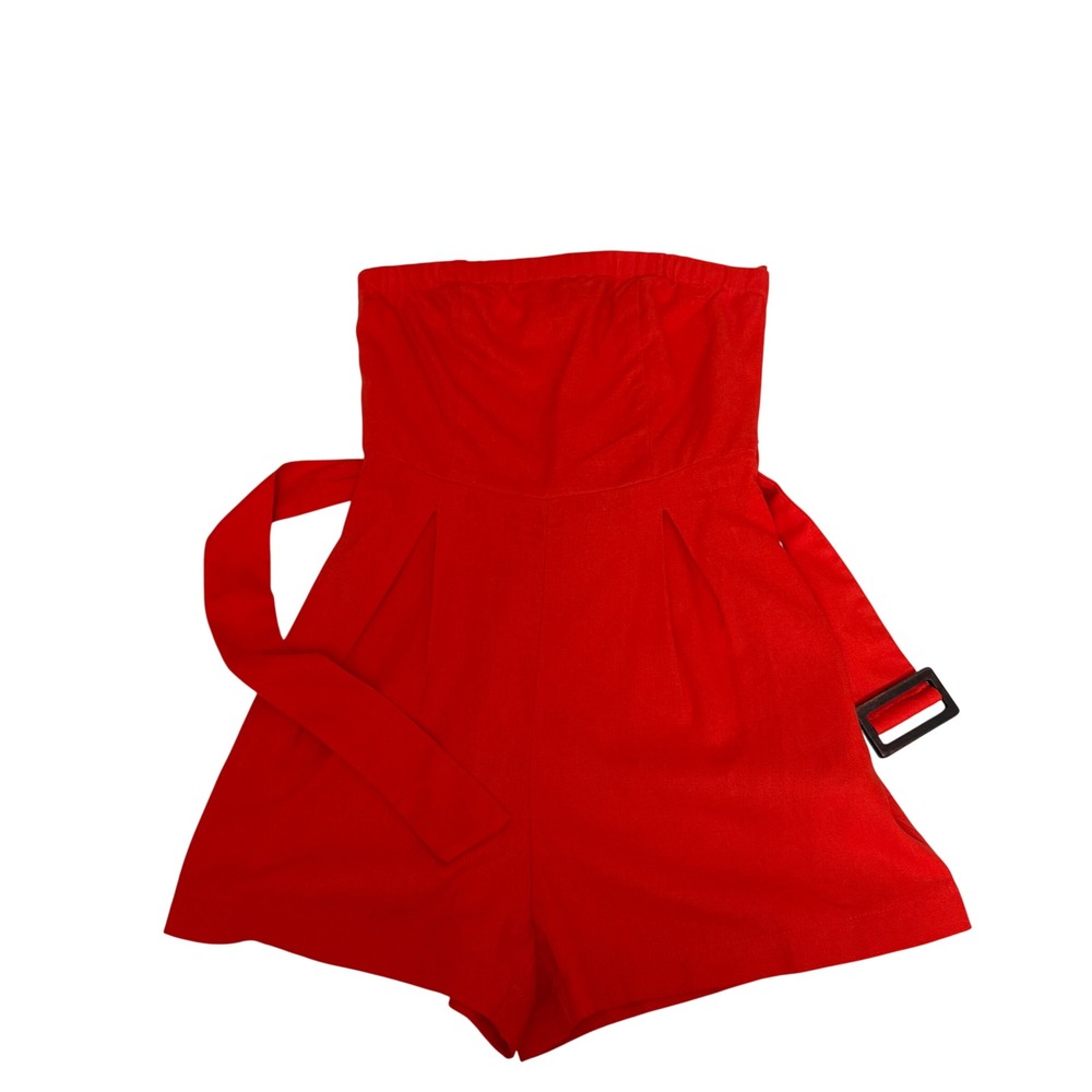 Monteau Los Angeles Red Strapless Romper Womens Size Small Belted Linen NWT